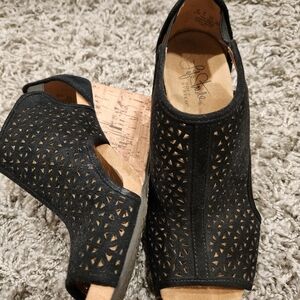 Life Stride Black Faux Suede Peep-Toe Wedges